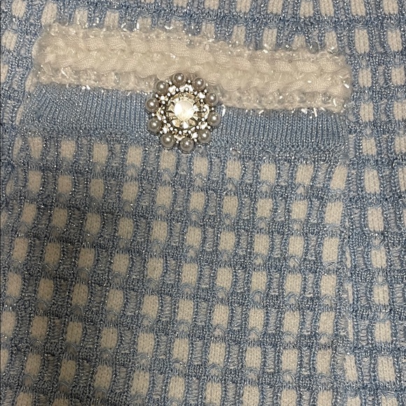 Blue and White check knit boucle ultra stretchy Dress with pearl/diamond buttons - Picture 3 of 10
